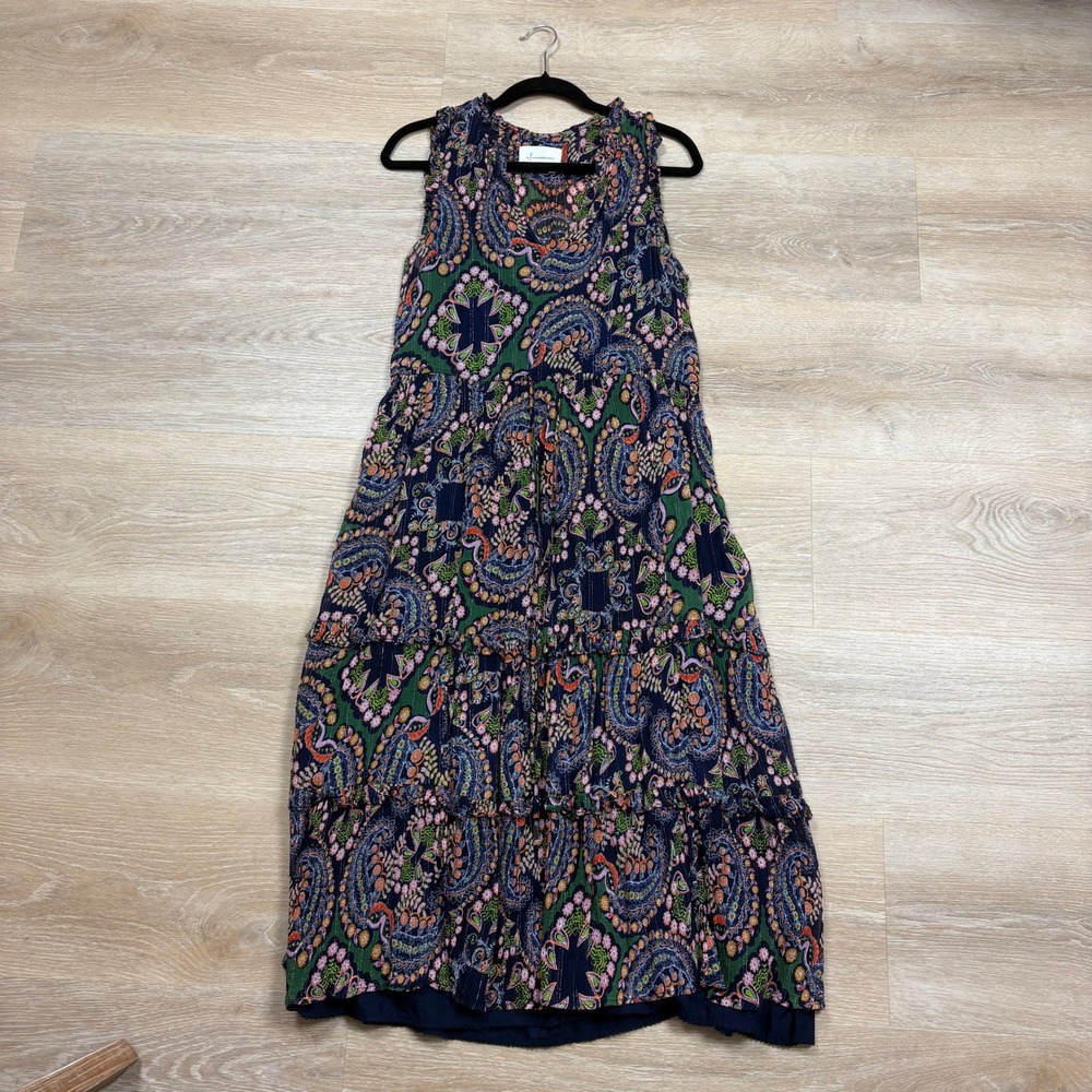 Anthropologie Floral Tiered Maxi Dress Navy‎ Blue Metallic Shimmer Women's 12